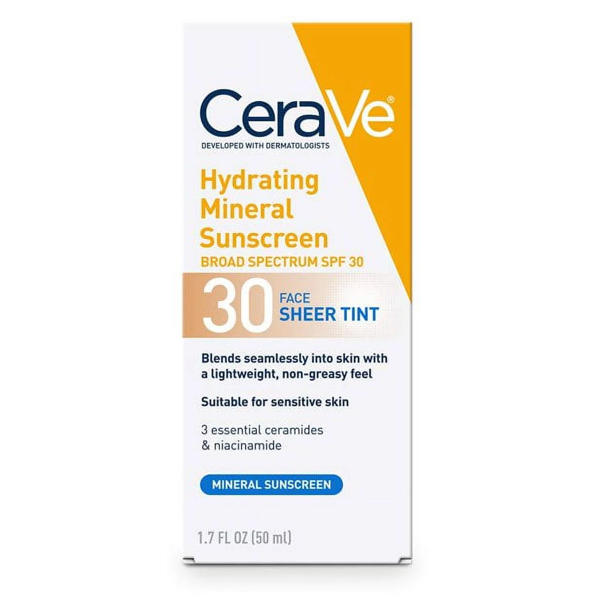 CeraVe Hydrating Mineral Sunscreen SPF 30 Face Sheer Tint 50ml | Broad Spectrum Protection & Hydration | USA